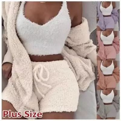 Buy Homewear 3 Piece Fluffy Outfits Plush Sexy Backless Fleece Pyjamas Women  • 36.11£