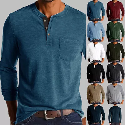 Buy Mens Casual Long Sleeve T-shirt Henley Grandad V Neck Button Solid Tee Shirt Top • 13.89£