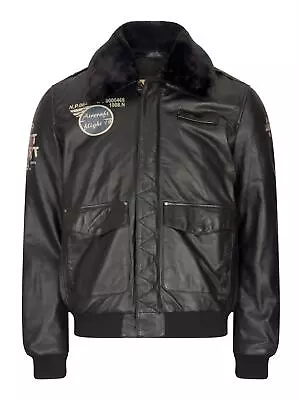 Buy Mens Real Leather Black Aviator Fur Collar Pilot Jacket Slim Fit Bomber • 120.99£