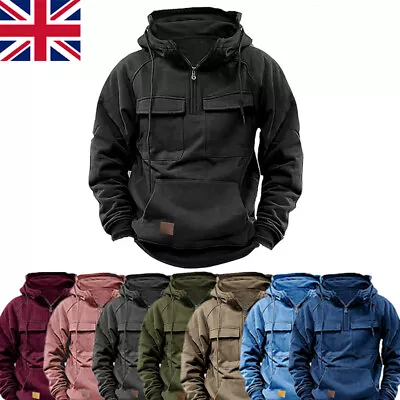 Buy Mens Cargo Hoodies Tops Casual Baggy Combat Outdoor Pocket Hooded Sweatshirt New • 28.79£