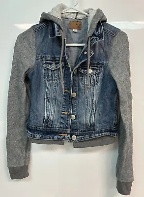 Buy American Eagle Hooded Button Front Denim Jean Jacket Hoodie Pockets - Size XS • 14.20£