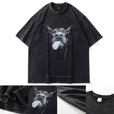 Buy Vintage Washed Black T Shirt With Doberman Dog Graphic Men's Streetwear • 22.90£