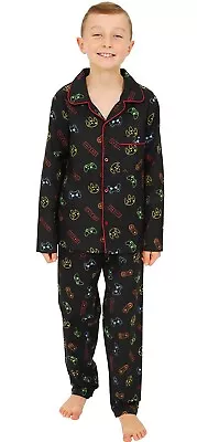Buy Boys Controller Wincey Long Button Up Pyjama Set Brushed Cotton Black 7-16 Years • 9.99£