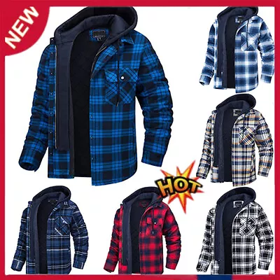 Buy Men Hoodie Overcoat Flannel Shirt Jacket Thick Sweatshirt Plaid Pockets Fashion • 11.11£