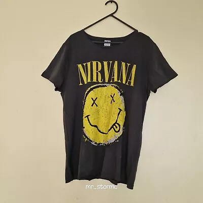 Buy Amplified Nirvana (UK L) Charcoal  Worn Out Smiley  Unisex Cotton T-Shirt • 25£