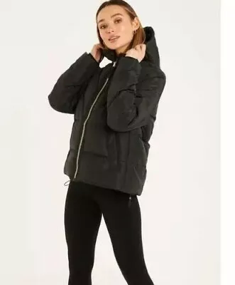 Buy Quiz Chevron Padded Short Hooded Coat Black Quilted Jacket With Hood Size 10 • 14.95£