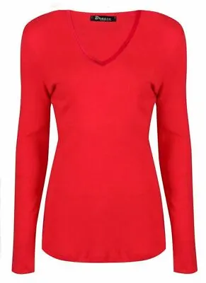 Buy Ladies Womans Basic Long Sleeve Plain V Neck Stretch Top T Shirt Plus Size 8-26 • 5.51£