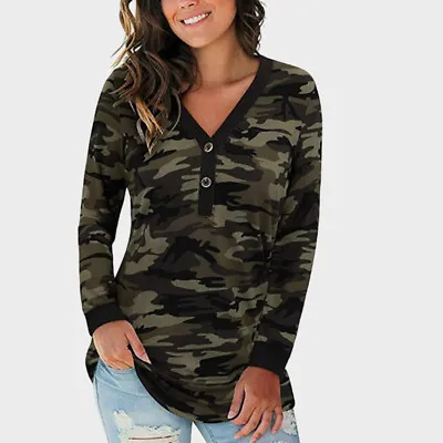 Buy Womens Knit V-Neck Buttons Blouse Tunic Tops Ladies Long Sleeve T-Shirts Shirt • 8.19£