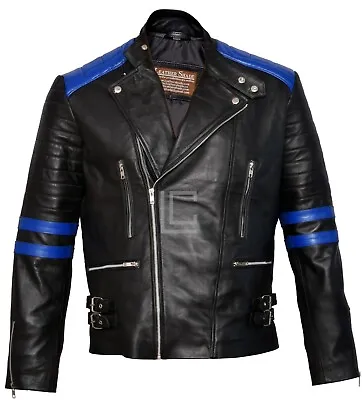 Buy Brando Classic Biker Vintage Black & Blue Retro Motorcycle Real Leather Jacket • 69.99£