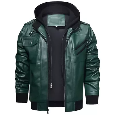 Buy Genuine Mens Green Sheep Leather Biker Style Leather Jacket Detach Hood • 72.99£