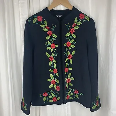 Buy Designers Originals  Black With Holly Embroidery Velvet Trim Cardigan Size M • 33.77£