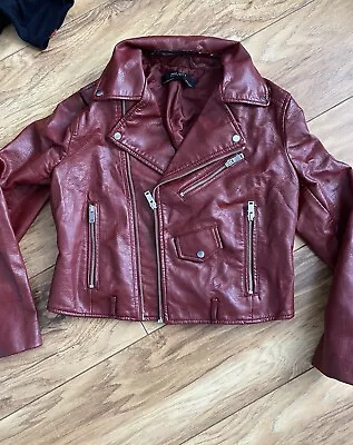 Buy ZARA Women’s Burgundy Red Faux Leather Cropped Biker Jacket Size M • 1.99£