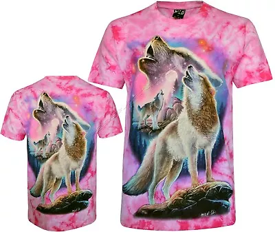 Buy Tie Dye T-Shirt Wolves Howling Under The Cosmic Night Wolf Glow In Dark By Wild • 15.99£