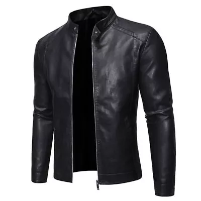 Buy Men's Leather Stand Collar Slim Fit Zip Coats Motorcycle Jacket Outwear • 15£