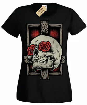 Buy Skull Cross T-Shirt Rose Gothic Rock Goth Roses Dark Skeleton Womens Ladies • 11.95£