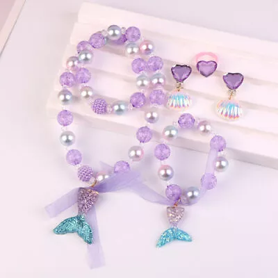 Buy Kids Girls Mermaid Tail Necklace Pearl Shell Bracelet Earring Ring Sets Jewelry • 4.55£