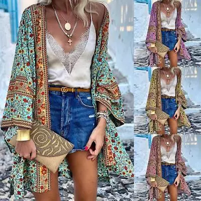 Buy Womens Boho Floral Beach Cover Up Tops Shawl Kimono Cardigan Blouse Bohemia Coat • 2.79£