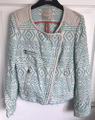 Buy Ladies Cream/Turquoise Mix ZARA Trafaluc Cotton Blend Biker Jacket - Size Small • 3.95£