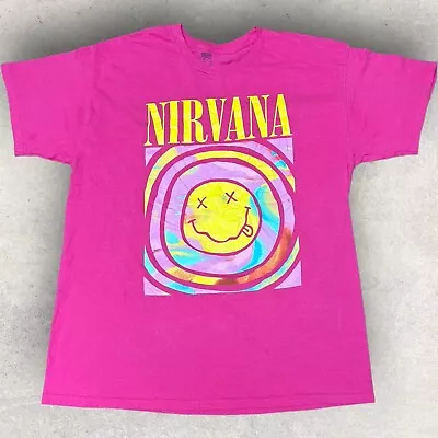 Buy NIRVANA Pink Smiley Nevermind Kurt Women's Graphic T Shirt Music Band Size L • 9.79£