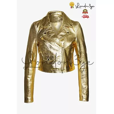 Buy Metallic Gold Leather Jacket For Women, Cropped Motorcycle Jackets Womens • 133.21£