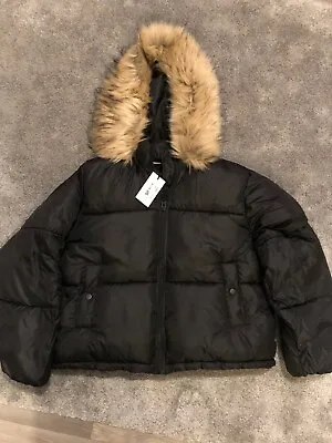 Buy Ladies UK18 Golddigga Crop Bomber Jacket Black Coat Faux Fur Hood. Full Zip. • 60.99£