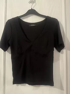 Buy Bershka Top T-shirt Black Ribbed Short Sleeve Size Large V Neck • 4.99£