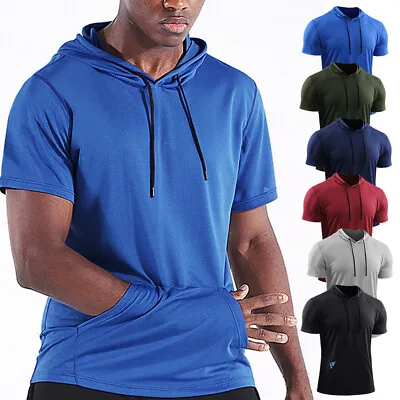 Buy Men Short Sleeve Hooded Plain T Shirt Summer Casual Hoodie Gym Sport Blouse • 15.79£