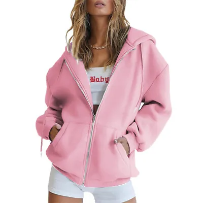 Buy Womens Hoodies Solid Sweatshirt Ladies Loose Long Sleeve Zip Up  Pullover Tops • 14.79£