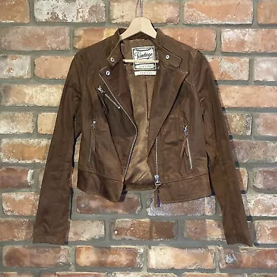 Buy New Look Brown Leather Distressed Suede Biker Jacket Size UK 10 • 15.99£
