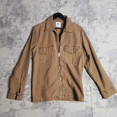 Buy Mens Zara Denim Jacket Shirt Medium Regular Fit Tan Beige Chore Overshirt Zip • 21.95£