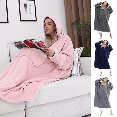 Buy Oversized Flannel Hoodie Blankets Fleece Long Sleeves Nightgown Giant Sweatshirt • 15.95£