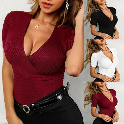Buy Women's Summer Sexy Low Cut Deep V Tops Short Sleeve T Shirts Slim Tunics Solid • 14.39£