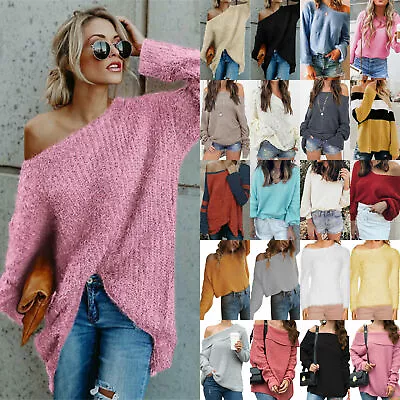 Buy Women Off Shoulder Long Sleeve Knitted Sweater Jumper Pullover Casual Tunic Tops • 14.58£