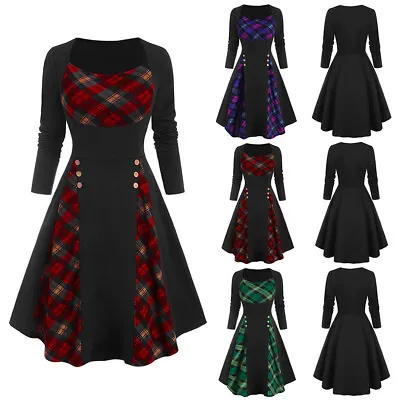 Buy Womens Plaid Check Skater Dress Steampunk Gothic Party Swing Dresses Costume UK • 3.99£
