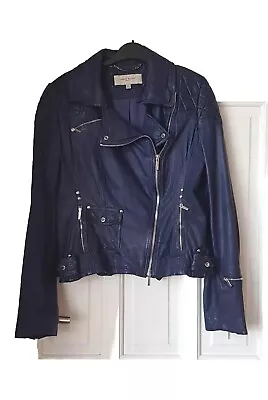 Buy KAREN MILLEN  Blue Biker Soft Iconic Leather Jacket. Distressed Style. Size 14 • 79.99£