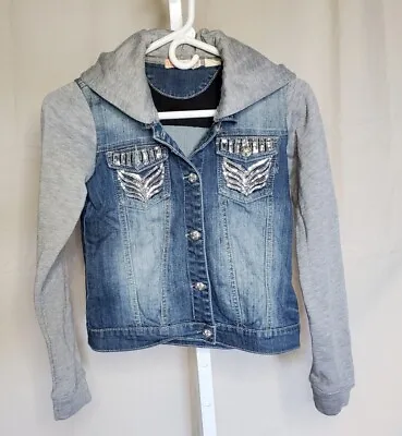 Buy Girls MISS ME Blue Denim & Gray Jersey Hooded Jacket Coat Size M Youth Sequins • 8.68£