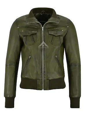 Buy Ladies Bomber Leather Jacket Olive Napa Classic Fashion Casual Biker Style 3758 • 95.80£