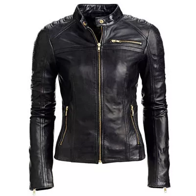 Buy Women's Slim Fit Genuine Cafe Racer Formal Vintage Leather Jacket Moto Biker • 29.90£