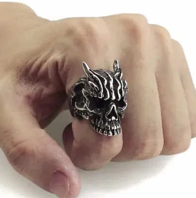 Buy Men's Stainless Steel Unique Punk Gothic Satanic Demon Skull Ring Biker Jewelry • 5.88£