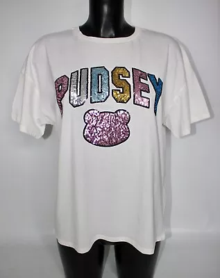 Buy White Pudsey Bear Graphic Pastel Multi Colour Sequin T-Shirt Children In Need • 14.99£