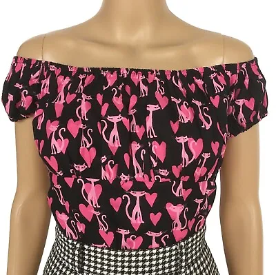 Buy Women Pink Kitten Print Peasant Tops Off Shoulder Blouse Pinup Shirt Clothing • 21.11£