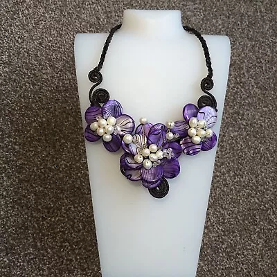 Buy New NECKLACE Purple Flower & Faux Pearl Statement Pendant Choker Jewellery R287 • 14.97£