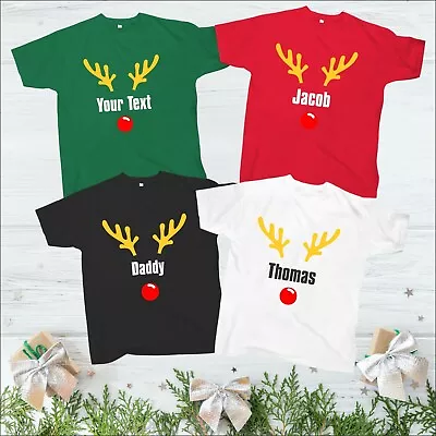 Buy Personalised Christmas T Shirt  Your Text  Red Nose Reindeer Horns Xmas Shirt  • 9.65£