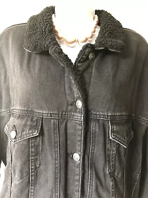 Buy 💕ASOS Women’s Black Denim Jacket Uk 18 With Borg Long Lining Collar VGC💕 • 5.99£