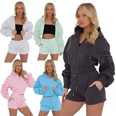 Buy Women's 2pcs Ruched Sleeve Zip Up Hoodie & Shorts Lounge Co-ord Set UK • 18.99£