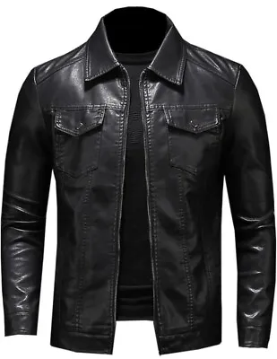 Buy Men’s Motorcycle Leather Jacket Large Pocket Slim Fit Shirt Style Leather Coat • 109.99£