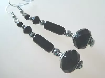 Buy Vintage Deco Style Black Faceted Glass Long Drop Earrings Gothic Jewellery Gift • 9.29£