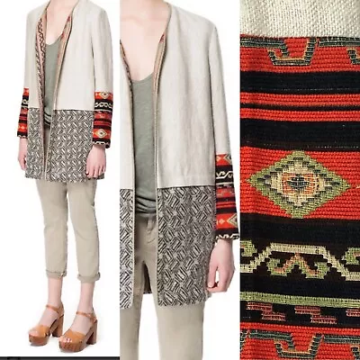 Buy Zara Tribal Combination Linen Coat Rare Boho Ethnic Textiles Jacket Size Medium • 49.99£