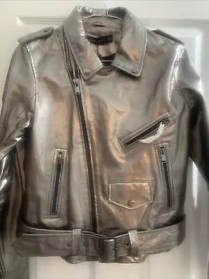 Buy Zara Leather Biker Jacket . Bronze  / Silver Fabulous Look . Must Have New • 40£