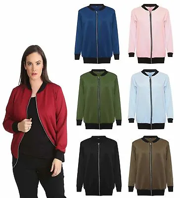 Buy Bomber Jacket Women Ribbed Plain Ladies Long Sleeve Zip Up Varsity Jacket • 19.95£